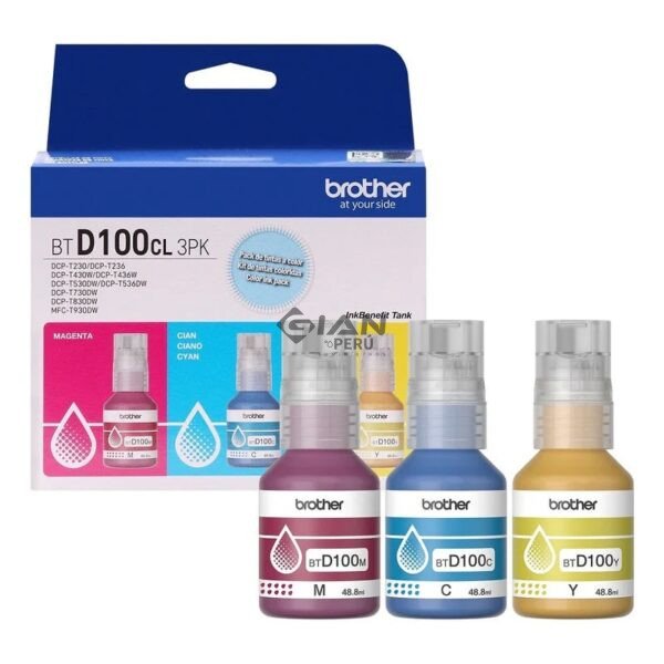 Compra el Kit Tintas Brother BTD100 3 Tripack original con tintas Cian, Magenta y Amarillo. Rendimiento de hasta 5,000 páginas por color.