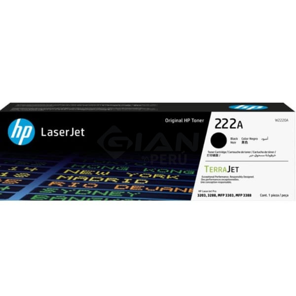 Toner HP W2220A (222A) Black, Para impresoras HP L.J. Pro 3201 |3204| 3303 |MFP 3288DN |3388SDW |3388FDW, Rendimiento 1,300 Págs.