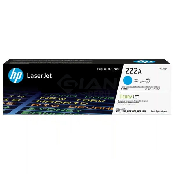 Toner HP W2221A (222A) LaserJet 3201-3204-m3303-3388-Cian Toner HP W2221A (222A) Cian, Para impresoras HP LaserJet Pro 3201 |3204| 3303 |MFP 3288DN |3388SDW |3388FDW Con Rendimiento de 1,200 Páginas.