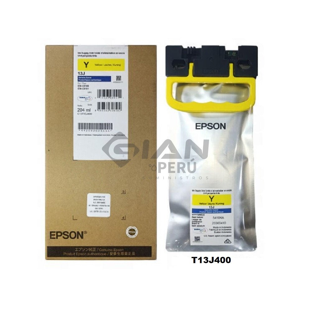 El cartucho Bolsa de Tinta Epson T13J400 Yellow 204ml, Es Compatible Con Epson ® WorkForce EM-C8100 / EM-C8101, Con 15,000 Páginas.