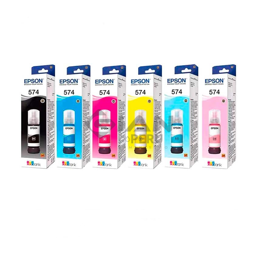 Kit Botella Tinta Epson T574 Negro, Cian, Magenta, Yellow, Light Cian, Light Magenta, para Impresora Epson EcoTank L8050 | L18050 7,000 Págs.