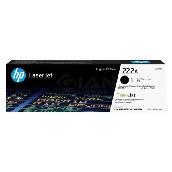 Toner HP W2220A (222A) Black, Para impresoras HP L.J. Pro 3201 |3204| 3303 |MFP 3288DN |3388SDW |3388FDW, Rendimiento 1,300 Págs.