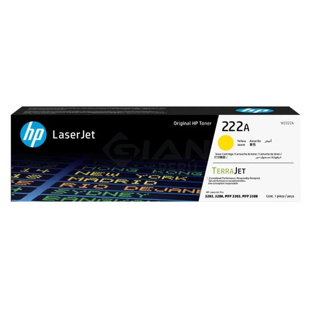Toner HP W2222A (222A) Yellow, Para impresoras HP L.J. Pro 3201 |3204| 3303 |MFP 3288DN |3388SDW |3388FDW, Rendimiento 1,200 Págs.