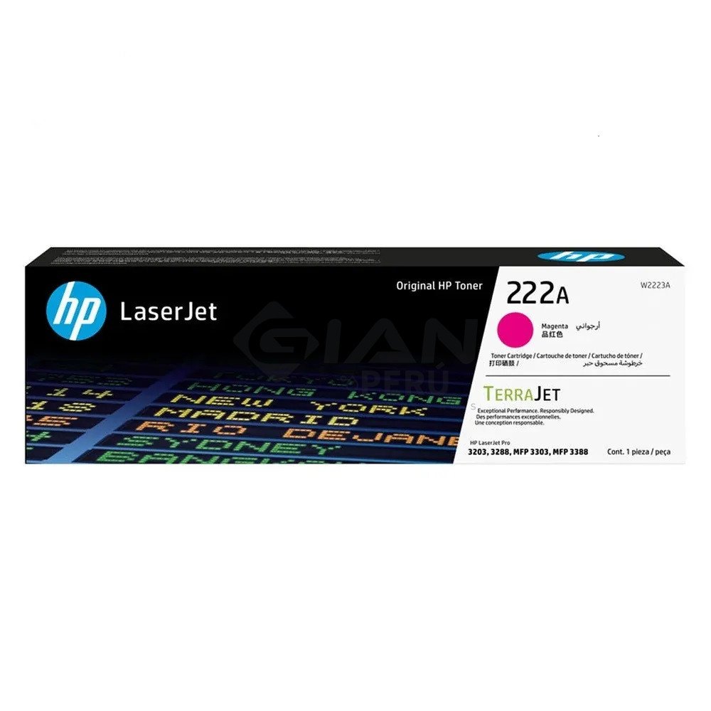Toner HP W2223A (222A) Magenta, Para impresoras Hp L.J.Pro 3201 |3204| 3303 |MFP 3288DN |3388SDW |3388FDW, Rendimiento 1,200 Págs.