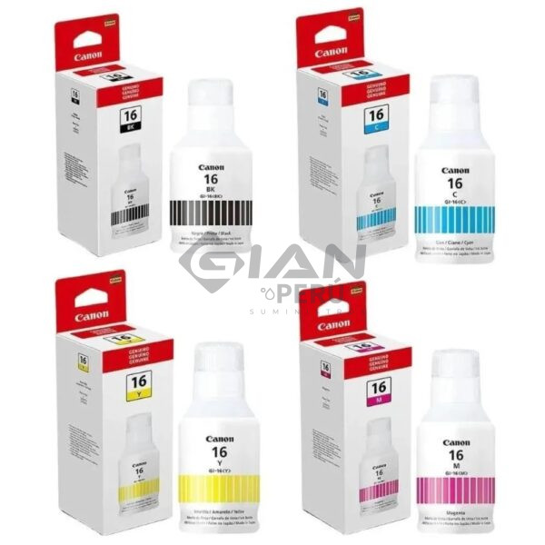 El kit Botella de Tinta Canon GI-16 CMYBK , Es compatible con los siguientes modelos de Impresora Canon Maxify GX-6010 GX710.