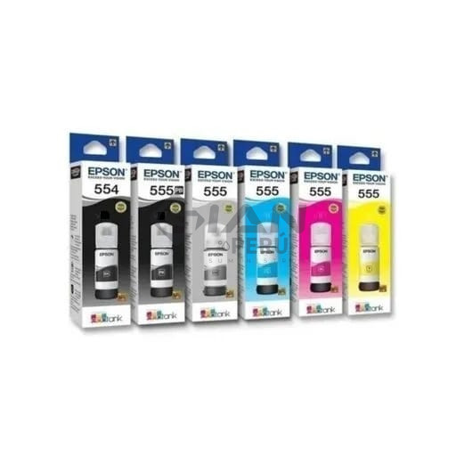 Kit De Tinta Epson T554 y T555 Negro Pigmento, Cian, Magenta, Yellow, Gris, Negro Foto, para Impresoras Epson EcoTank L8160 | L8180. 7,000 Páginas.