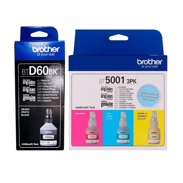 Compra el Kit de Tintas Brother BTD60BK + BT5001 CMY Original . Incluye Negro, Cyan, Magenta y Amarillo para Brother InkBenefit Tank.