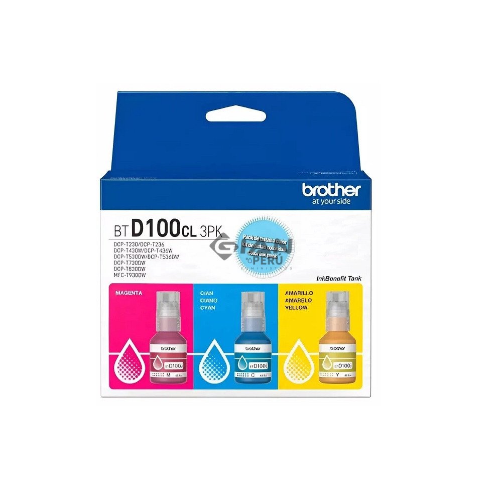 Compra el Kit Tinta Brother BTD100 3Tripack original con tintas Cian, Magenta y Amarillo. Rendimiento de hasta 5,000 páginas por color.