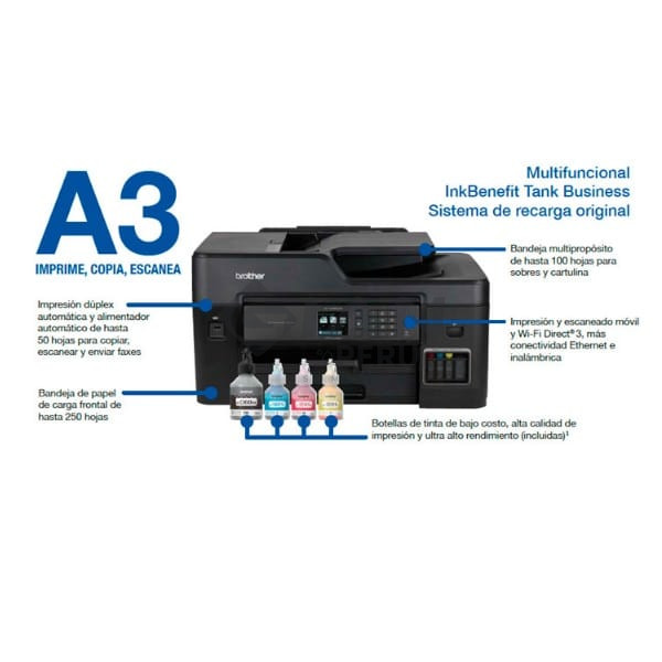 Impresora Multifuncional Brother MFC-T4500dw A3 Wifi Con velocidad 35/27 ppm impresión automática a doble cara Dúplex, Pantalla Táctil 2.7"