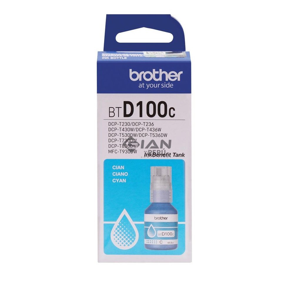 Compra la tinta Brother BTD100C original color cian de ultra alto rendimiento. Imprime hasta 5,000 págs con colores intensos y excelente calidad