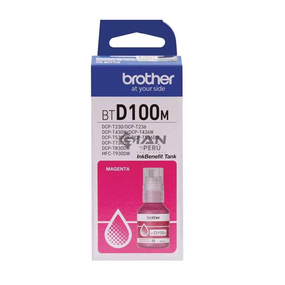 Compra la tinta Brother BTD100M magenta original de ultra alto rendimiento. Imprime hasta 5,000 págs con colores intensos y excelente calidad.