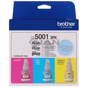Botella de Tinta Brother Tri-pack BT5001 CMY Código BT5001 es Compatible con Impresoras Brother T300| T520 | T720DW | T820DW | MFC-920DW 5,000 Páginas.
