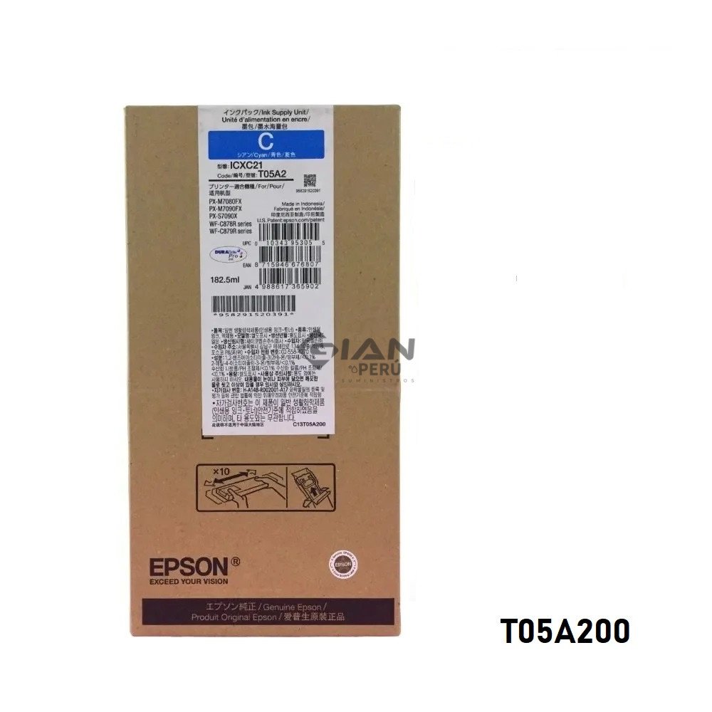Tinta Epson T05A200 Cian original para WF-C878R y WF-C879R. Alta capacidad, hasta 20.000 páginas. En stock y envíos a todo el Perú.