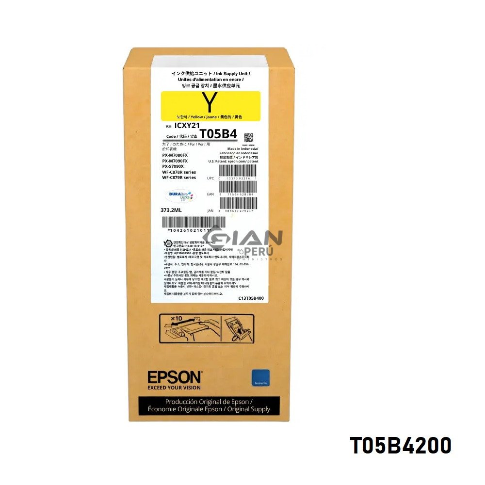Tinta Epson T05B420 Yellow original para WF-C878R y WF-C879R. Pigmentada DURABrite Pro y hasta 50,000 páginas. Calidad y rendimiento.