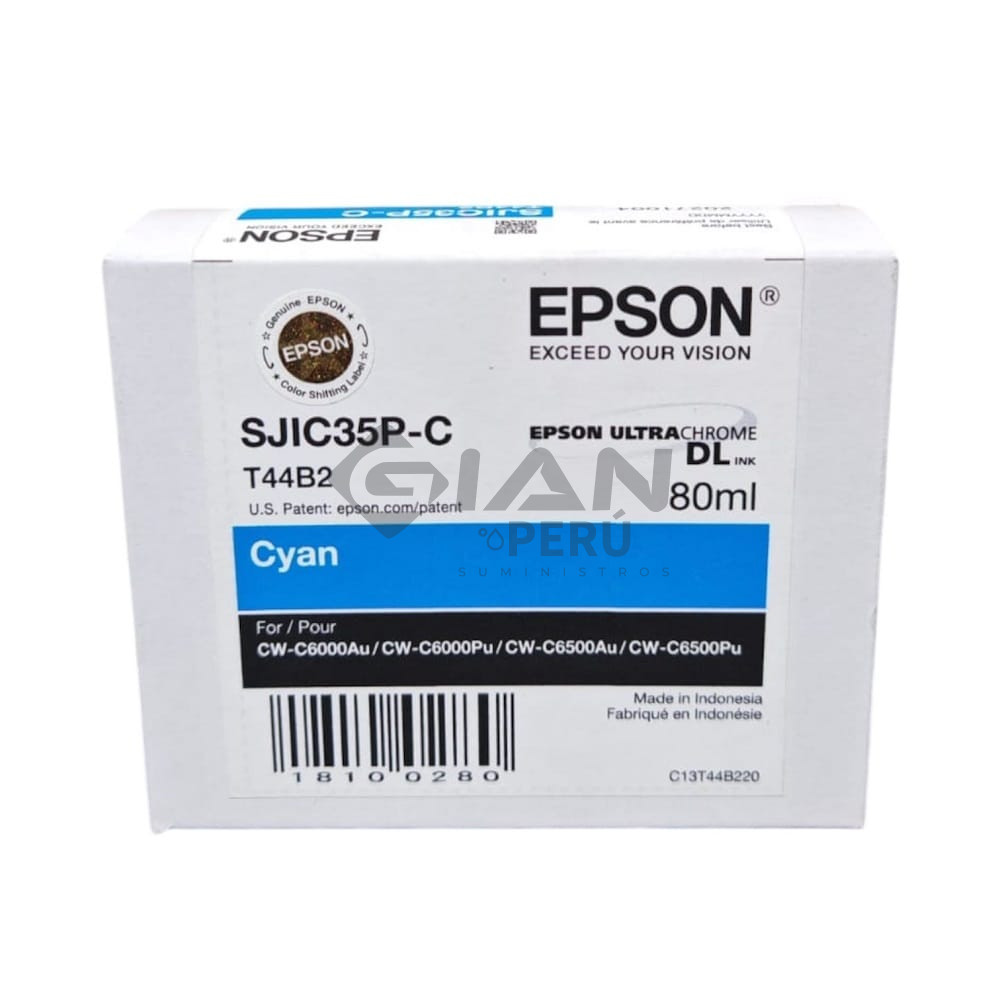 El Cartucho de Tinta Epson T44B220 SJIC35P Cyan, Es Compatible Con Impresora ColorWorks CW-C6000AU /C6500AU Volumen 80ml.