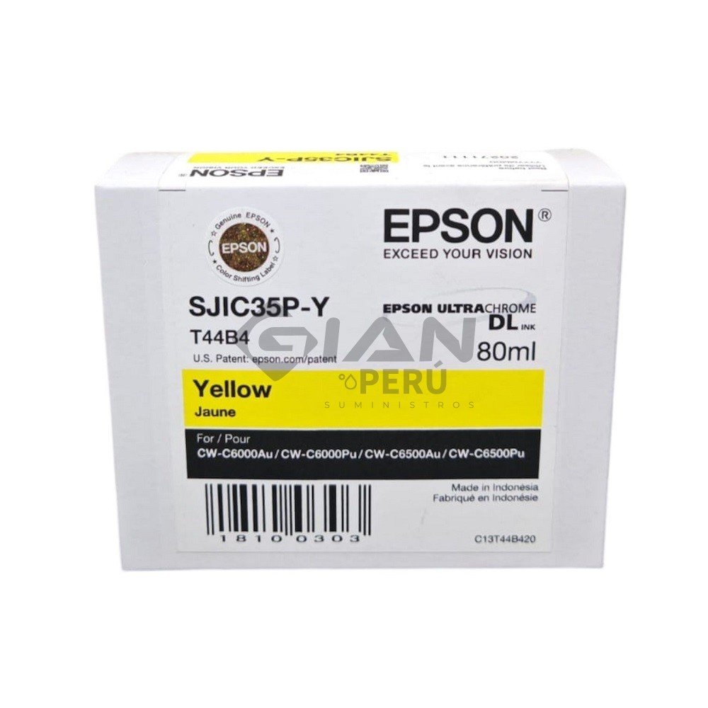 El Cartucho de Tinta Epson SJIC35P-Y Yellow C13T44B420, Es Compatible Con Impresoras Epson CW-C6000| CW-C6500, Volumen 80ml.