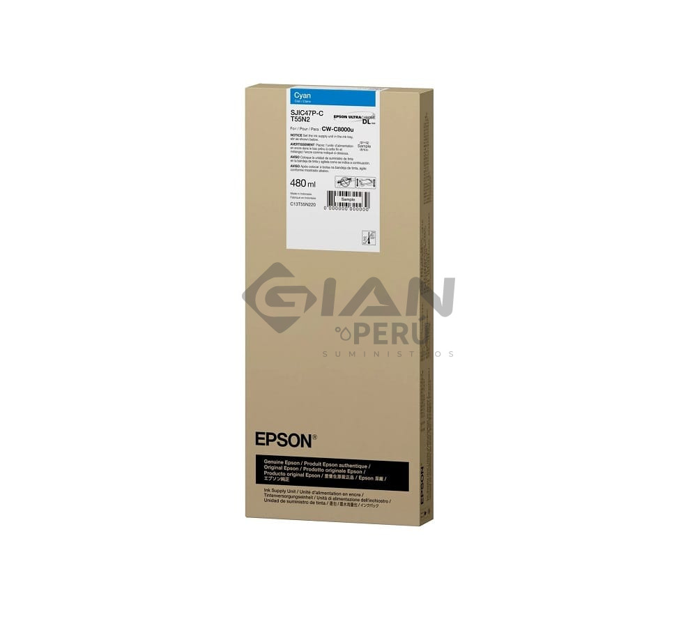 El Cartucho de Tinta Epson T55N220 Cyan SJIC47P-C, Es Compatible Con Impresora Epson ColorWorks CW-C8000u Volumen De Tinta 480ml.