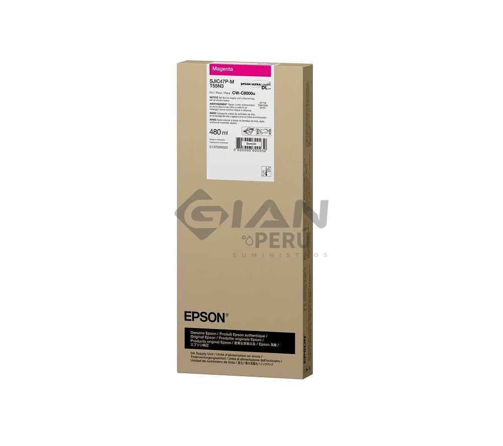 El Cartucho de Tinta Epson T55N320 SJIC47P Magenta, Es Compatible Con Impresora Epson ColorWorks CW-C8000u, Volumen 480ml.