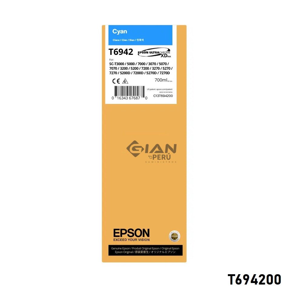 Compra la Tinta Epson T6942 Cyan C13T694200 Original de 700 ml. Ideal para impresoras Epson SureColor. Calidad profesional.