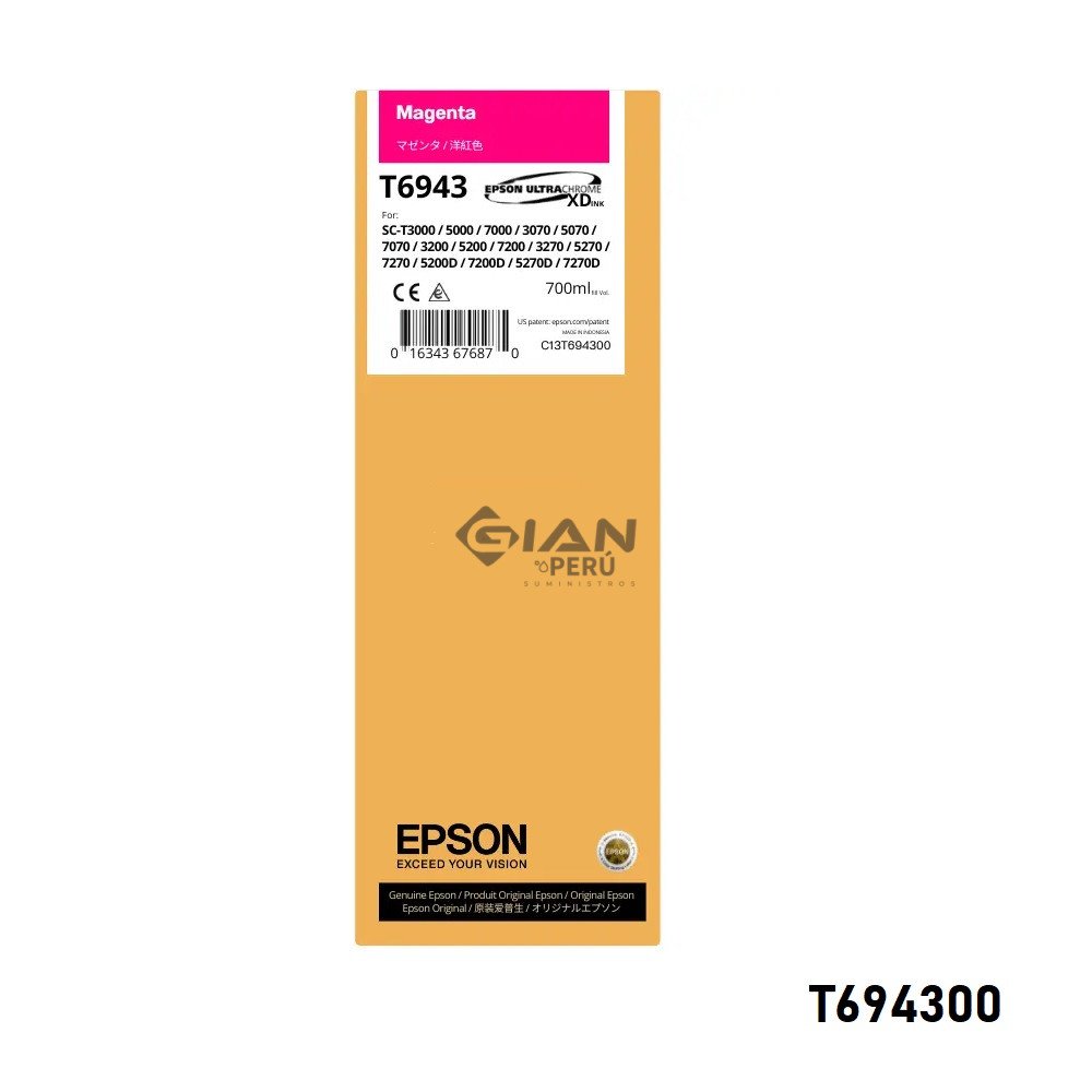 Compra la Tinta Epson T6943 Magenta C13T694300 Original de 700 ml. Compatible con impresoras Epson SureColor. Calidad profesional.
