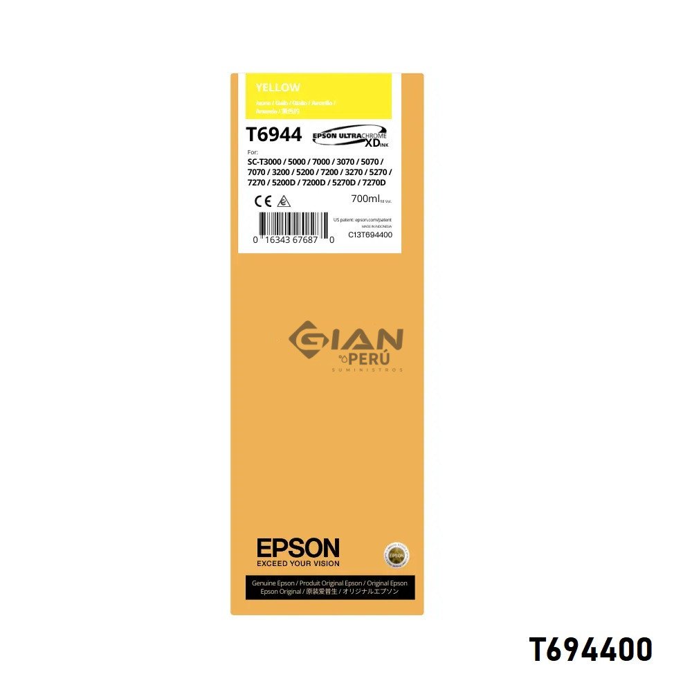 Compra la Tinta Epson T6944 Yellow C13T694400 Original de 700ml para impresoras Epson SureColor. Colores brillantes, calidad profesional.