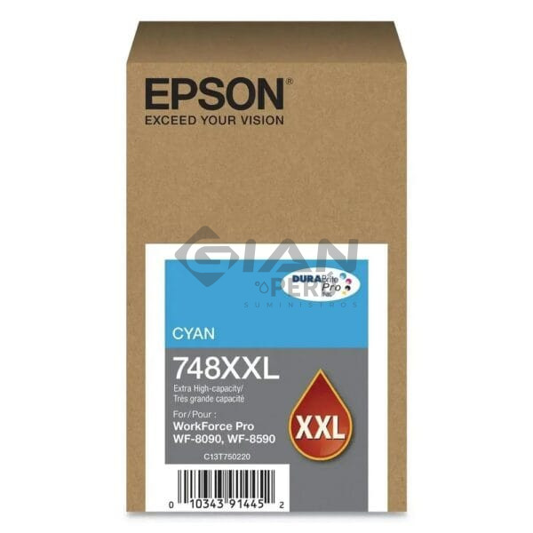 El cartucho de Tinta Epson T748XXL220 (748xxl) Cyan, Es Compatible Con Impresoras Epson workForce Pro WF-6090| WF-6590, 7,000 Páginas.