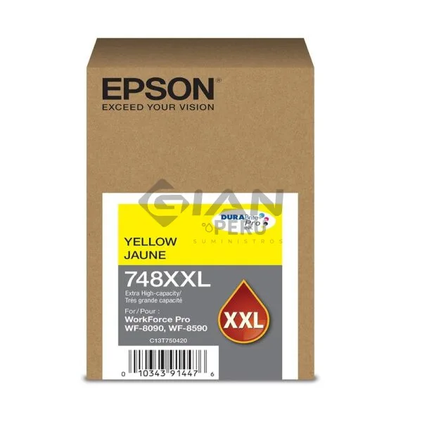 El cartucho de Tinta Epson T748XXL420 (748xxl) Yellow, Es Compatible Con Impresoras Epson workForce Pro WF-6090| WF-6590, 7,000 Páginas.