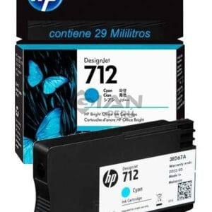 El Cartucho de Tinta Hp 3ED67A Cyan 712, Es Compatible Con Impresora Plotter Hp DesignJet T210, T230, T250, T630, T650 29ml.