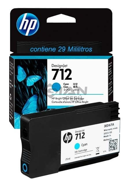 El Cartucho de Tinta Hp 3ED67A Cyan 712, Es Compatible Con Impresora Plotter Hp DesignJet T210, T230, T250, T630, T650 29ml.