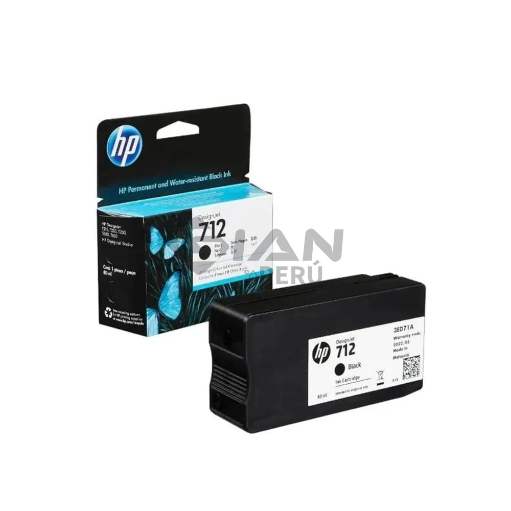 El Cartucho de Tinta Hp 3ED71A Black 712, Es Compatible Con Impresora Plotter Hp DesignJet T210, T230, T250, T630, T650, 80ml.