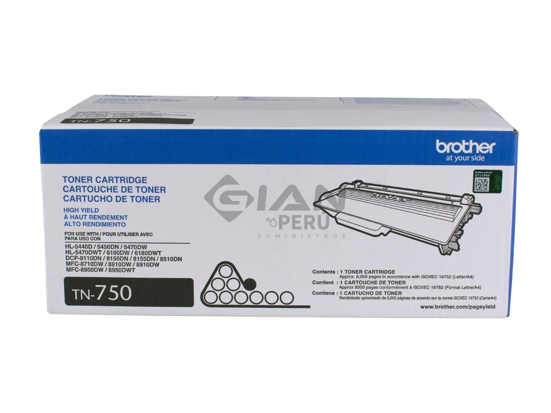 El Cartucho de Toner Brother TN-750 Black, Es Compatible Con Impresora Brother HL-5450, MFC8910DW, MFC 8950DW, 8,000 Páginas.