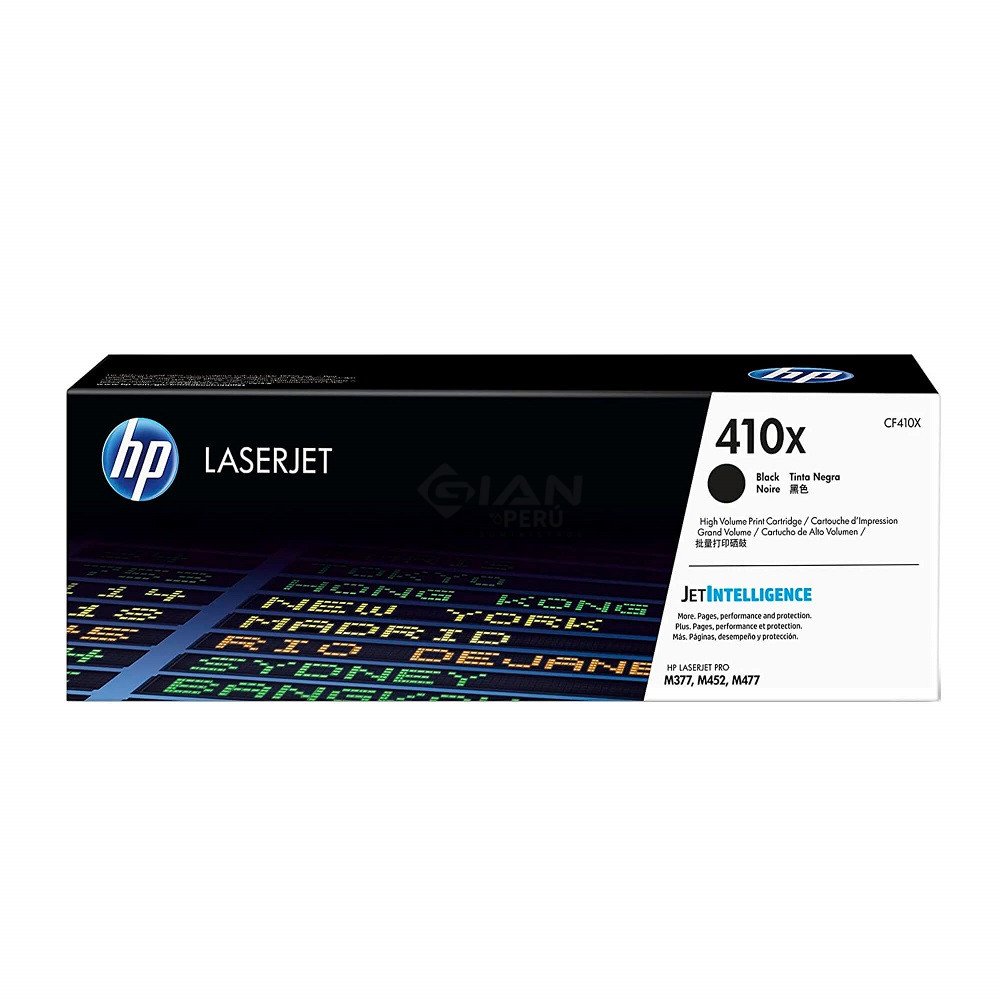 Compra Tóner HP 410X Negro CF410X de alta capacidad. Rinde hasta 6,500 páginas y es compatible con HP M377, M452 y M477.