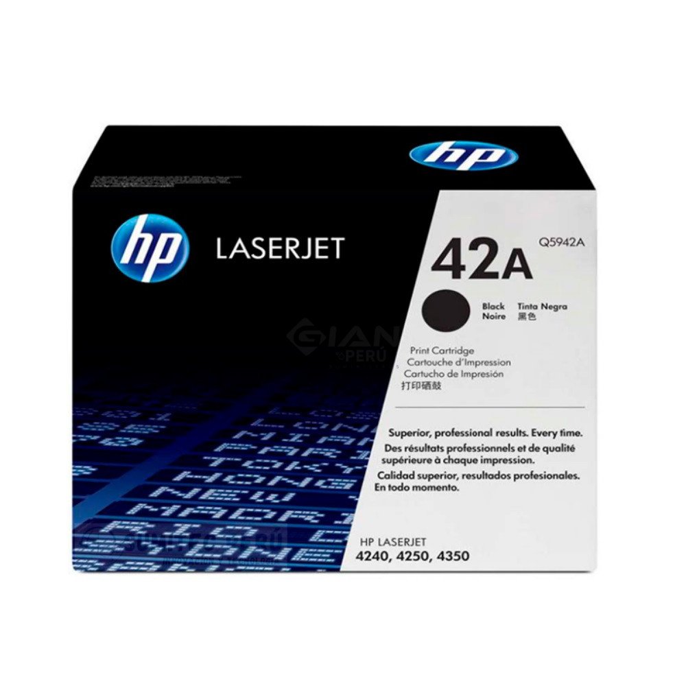 Tóner HP 42A Negro Q5942A original, rendimiento hasta 10,000 páginas. Compatible con HP LaserJet 4240, 4250 y 4350. Compra online en Perú.