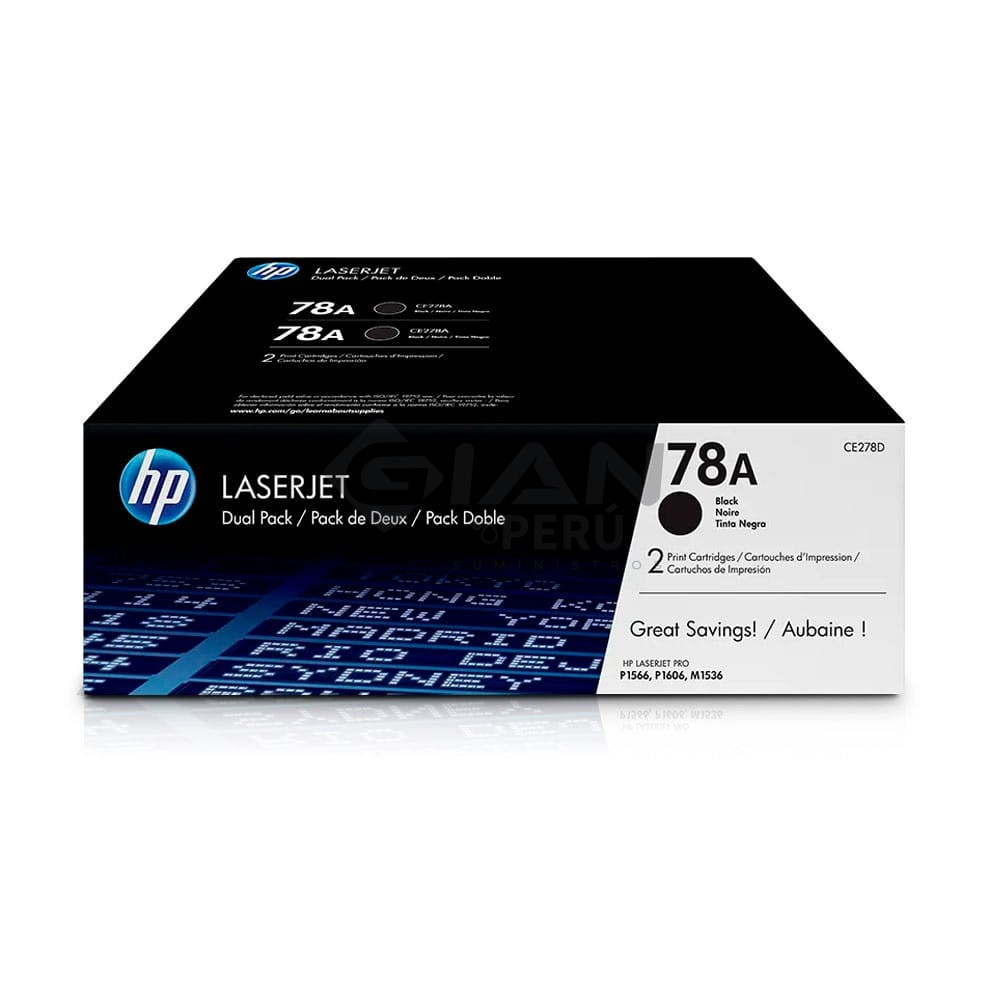 El Cartucho Toner Hp CE278AD Black 78AD Dual Pack, Es Compatible Con Impresora HP LaserJet Pro M1536, P1606, Rendimiento 2,100 Págs.