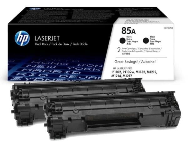 El Cartucho Toner Hp CE285AD Black 85AD Dual Pack, Es Compatible Con HP LaserJet P1102W, M1217, M1210, M1132, M1212, 2,100 Págs.