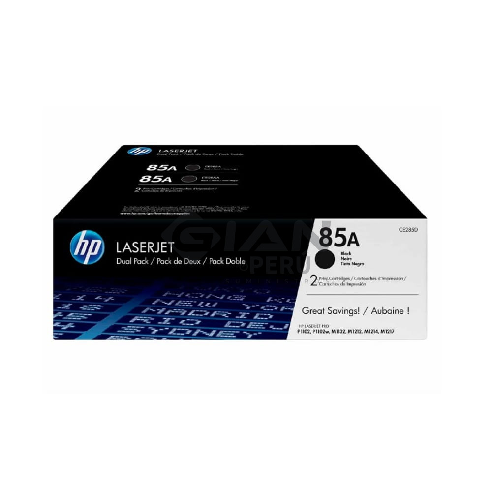 El Cartucho Toner Hp CE285AD Black 85AD Dual Pack, Es Compatible Con HP LaserJet P1102W, M1217, M1210, M1132, M1212, 2,100 Págs.