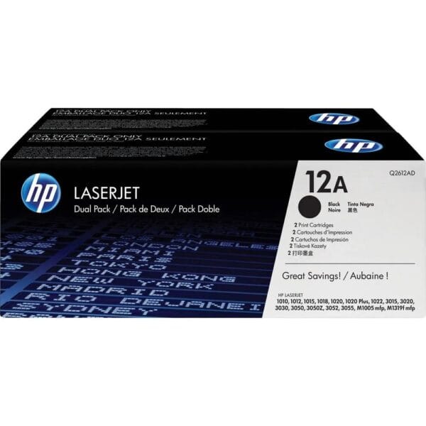 El Cartucho Toner Hp Q2612AD Black 12AD, Es Compatible Con Impresora HP LaserJet 1020/1022NW/M1319, Con Rendimiento 2,000 Páginas.
