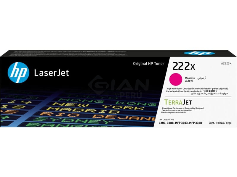 Toner HP W2223X 222X Magenta, Para impresoras LaserJet Pro 3201 |3204| 3303 |MFP 3288DN |3388SDW |3388FDW, Rendimiento 2500 Págs.