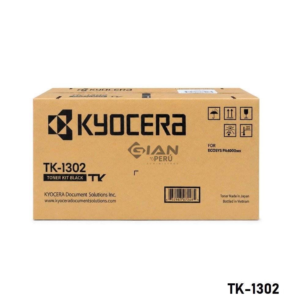 Cartucho Tóner Kyocera TK-1302 Negro Original para ECOSYS PA4000wx, ideal para obtener impresiones profesionales y un rendimiento de hasta 3,000 páginas.