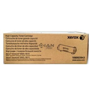 Tóner Xerox 106R03943 negro de alta capacidad, con rendimiento de hasta 25.900 páginas. Para Xerox VersaLink B600, B605, B610 y B615.