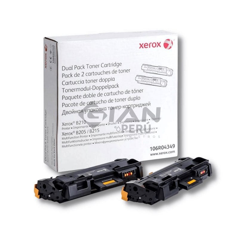 El Cartucho De Toner Dual Pack Xerox 106R04349 Black, Es Compatible Con Impresoras Xerox B205 | B210 | B215, con Rendimiento 6.000 Págs.El Cartucho De Toner Dual Pack Xerox 106R04349 Black, Es Compatible Con Impresoras Xerox B205 | B210 | B215, con Rendimiento 6.000 Págs.