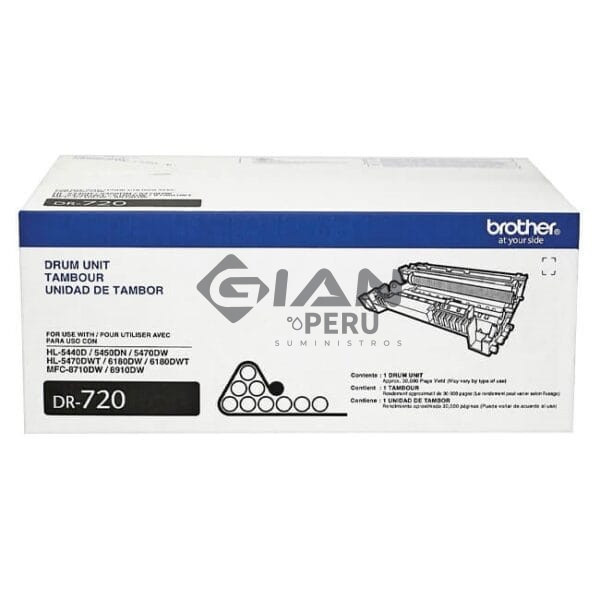 El Cartucho Unidad de Imagen Brother DR-720, Es Compatible Con Impresora Brother HL-5470DW, MFC-8155DN, Rendimiento 30,000 Págs.